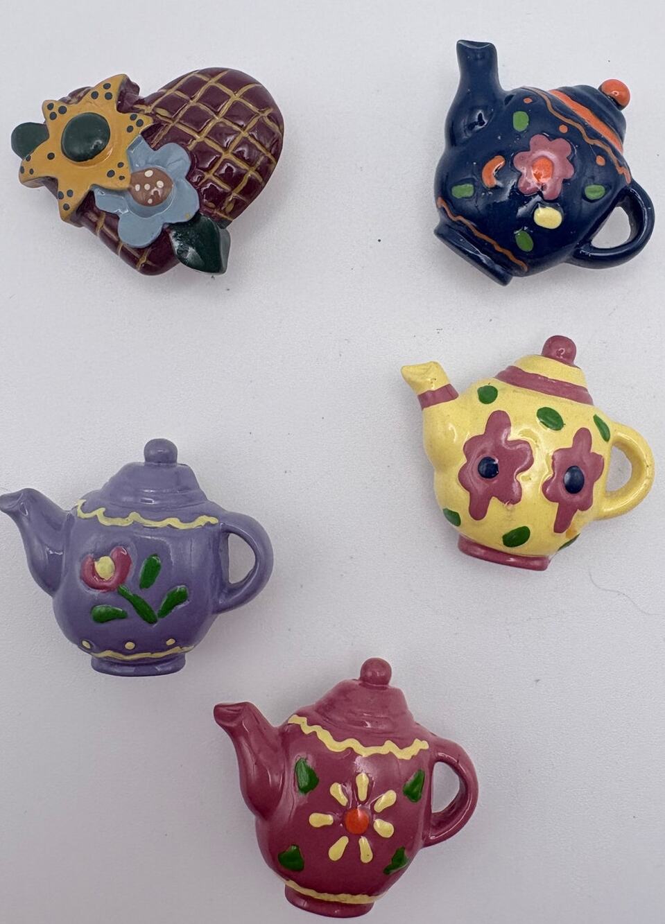 Set of Five Vintage Button Covers-4 teapots and 1 Country Heart